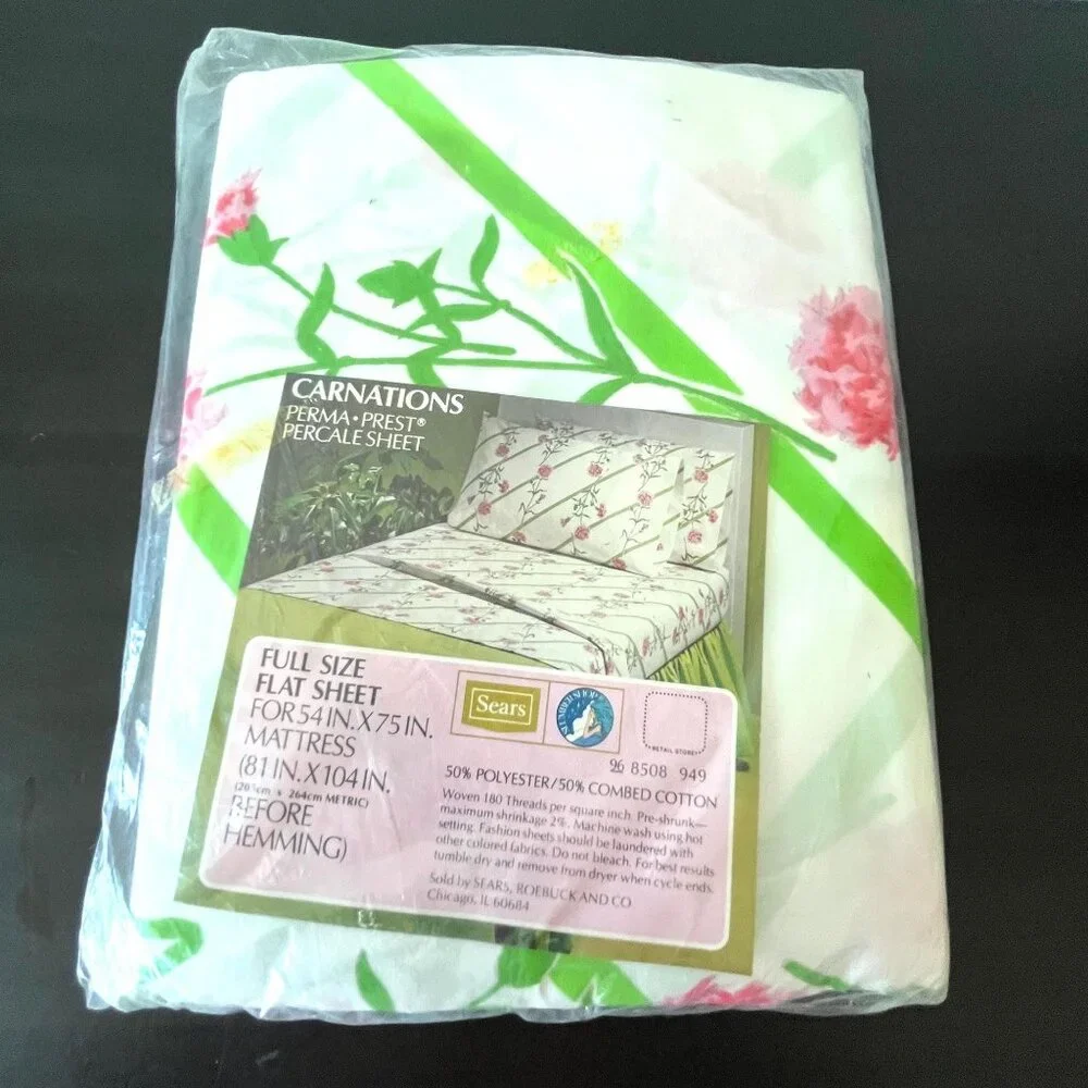 Vintage 70s CARNATIONS Full Flat Sheet // Sears // New in Package // Perma-Prest